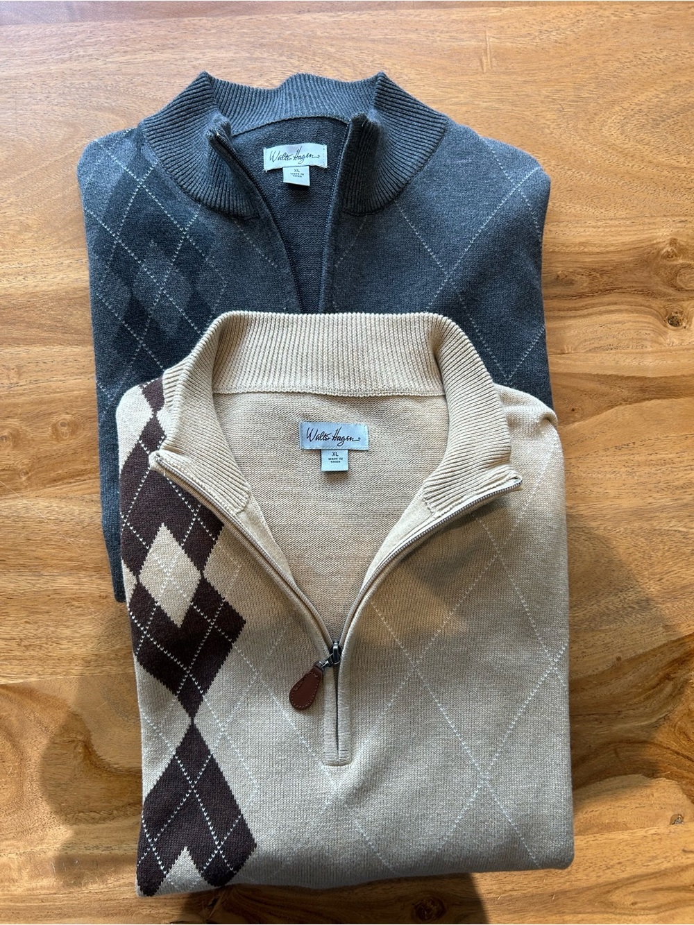 Walter Hagen Men’s Half-Zip Sweaters in Beige with Brown Argyle and Charcoal